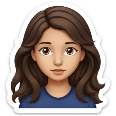 Create a emoji of a girl teen (14 years old) with dark brown hair and a little bit lighter brown in the end of the hair (but mixed) and waves in the hair, very long hair, with MEDIUM FAIR TO OLIVE skin tone, dark brown eyes, perfect nose, long eyelashes sticker
