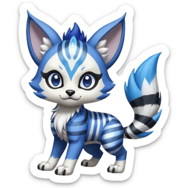 Black and white-striped Colorful Skilled Adept Graceful Asian Painted WereGarurumon-Meloetta-Obstagoon-Furret-fusion-hybrid-creature (full body) with cobalt-sapphire-blue rings around eyes, tufted lynx ears sticker