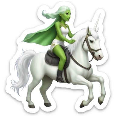 a green amazon alien woman on a white unicorn no woke sticker