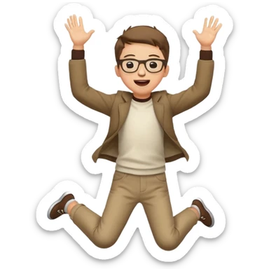 Very excited boy, jumping for joy, full body, eyes closed, wearing glasses sticker