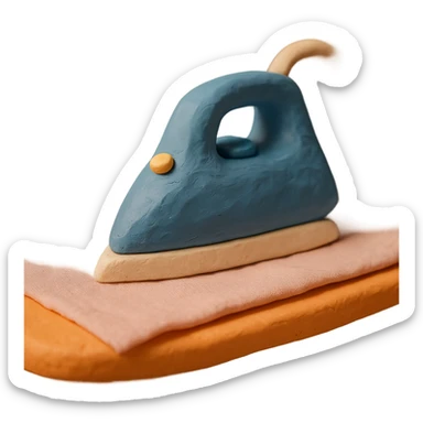 close-up of iron gliding over fabric on ironing board, soft lighting, pastel colors, claymation style sticker