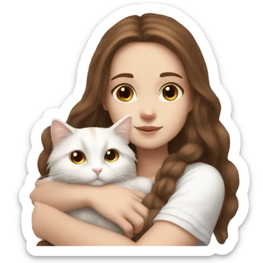 White girl with long brown hair snuggling fluffy white cat sticker