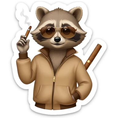 friendly anthropomorphised raccoon in a Sopranos-style mafia tracksuit, wearing dark sunglasses, holding a cigar, relaxed pose sticker
