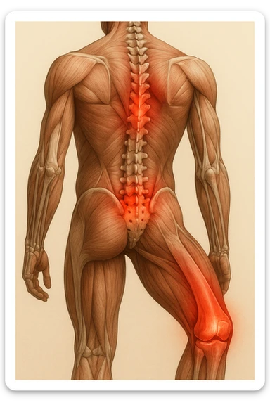 corpo umano anatomico con mal di schiena e al ginocchio, iperrealistico 4k sticker