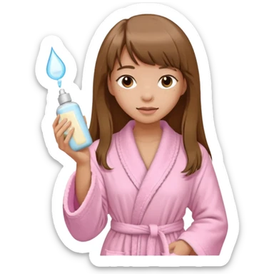 a girl with light skin and medium brown long hair with bangs who is applying lotion to her body show her whole body in a light pink bathrobe  sticker