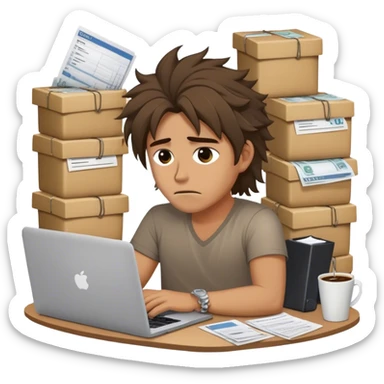 Create an emoji of an exhausted entrepreneur chained to their laptop, with stacks of invoices around them. They have tired eyes, messy hair, and a cold coffee next to them, symbolizing endless work without real progress. sticker