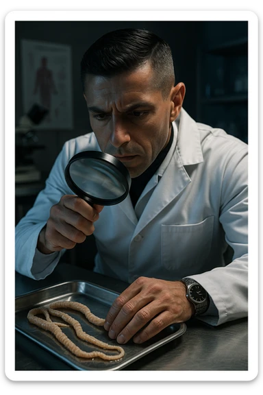 A middle-aged male kinesiologist wearing a pristine white lab coat, intensely analyzing long, beige tapeworms (like Taenia) under a magnifying glass. His expression is focused and slightly concerned, with dramatic studio lighting casting sharp shadows. The parasites are highly detailed, moist, and textured, stretched across a sterile metal tray. The background is blurred but suggests a clinical environment—hints of a microscope, medical charts, and clean lab equipment. The style is hyper-realistic, with a cinematic contrast between the bright white coat and the grotesque, organic forms of the parasites. No sci-fi elements, just raw medical realism with a disturbing edge sticker