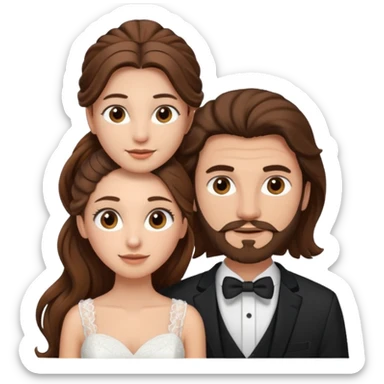 wedding couple woman with long straight brown hair and eyes man with long brown curly hair in pony tail and facial hair sticker