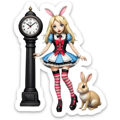  3d rendering,  ultra detailed, Alice in wonderland modern style in a punk gothic style outfit, stripped knee high socks, gothic platform heels, long blonde hair, eyeliner, red lipstick, falling through rabbit hole, with the clock,  transparent background
 sticker