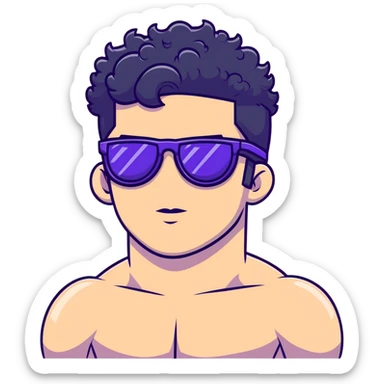 shirtless male athlete with white skin and moderately curly black hair on top with shaved sides, wearing purple sunglasses with black tinted lenses sticker