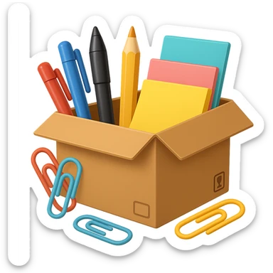 a cardboard box with assorted office supplies like pens, paper clips, and sticky notes spilling out in emoji style with no background sticker