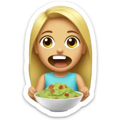 young girl eating guacamole with chips with a silly face sticker