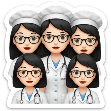 Genera un emogis con cuatro enfermeras pelinegra juntas, entre ellas una con lentes y otra con lunar encima del labio sticker