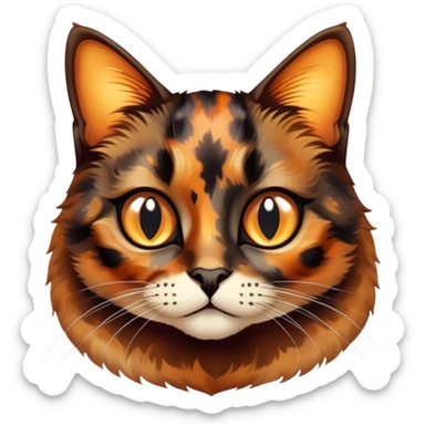 Cinematic Cute Tortoiseshell Cat Portrait Emoji, Head cocked sweetly with bright, curious eyes and a cuddly, mottled fur of rich browns and blacks, simplified yet charmingly adorable, highly detailed, glowing with a warm, gentle radiance, high shine, playful and endearing, styled with a dash of whimsical feline magic, soft glowing outline, capturing the essence of a cute tortoiseshell cat that seems ready to pounce with affectionate mischief! sticker