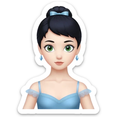 Cinematic Realistic ballerina Medium Blue Portrait, depicted with lifelike skin texture, subtle rosy undertones, and soft natural lighting that enhances the gentle contours of her face. Her intricately detailed sweet black hair is elegantly styled, green eyes sticker