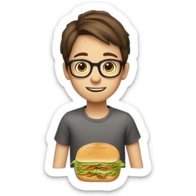 A 12-year-old boy with short brown hair and glasses eats a sandwich sticker