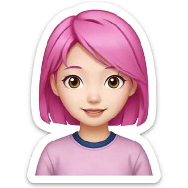 An Asian girl with  pink hair, big eyes,sweet
 sticker
