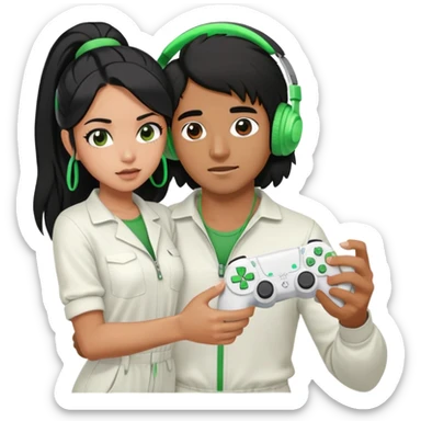 A brown man wearing a white jump suit, green headphones and holding a ps5 controller being strangled by a young Hispanic woman with long black hair sticker