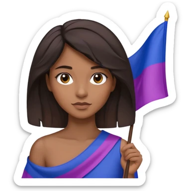 eu com a bandeira bissexual, sou morena, com cabelos negros que vão até a altura dos ombros levemente ondulados, olhos castanhos, sticker