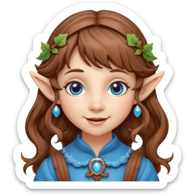 Kind happy whimsical quirky Girl toymaker, wood carving elf. Woodland creator. Blue eyes. brown hair (just below chin length) wavy hair & bangs. Whimsical playful cute sticker
