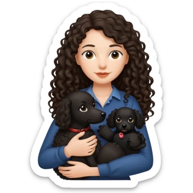 A brunette long haired a lil bit curly hair holding a black dog sticker