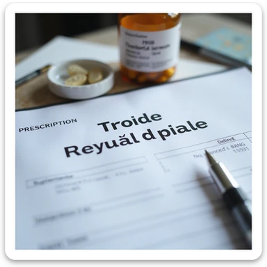 hyperrealistic 4K close-up of a medical prescription on a desk with the highlighted text 'Tiroide secca di maiale', next to a pen and a supplement jar sticker