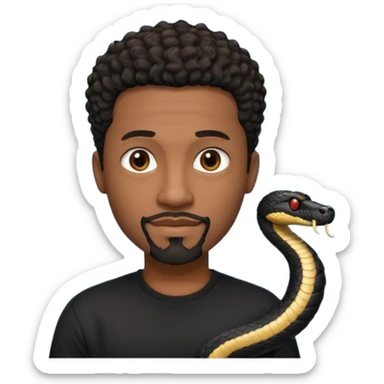 Homme noir de peau,  yeux marron avec un bouc sans la moustache, cheveux noir court et bouclé crépus avec un dégradé sur le côté, avec un cobra à côté , t-shirt noir  sticker