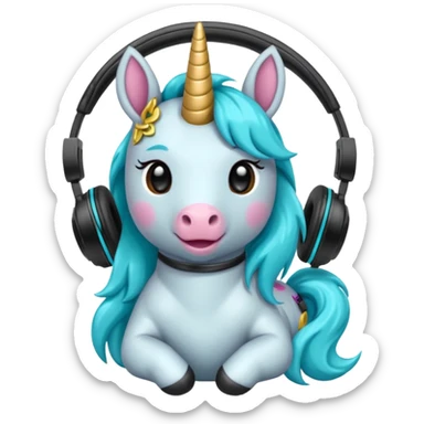 Unicornio bebé cyan sentado escuchando música con auriculares negros sticker
