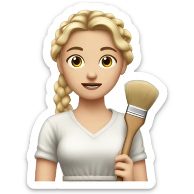 "A young woman with braided blond hair, fair skin, and a lively but slightly worried expression. She wears a simple dress, holding a brush with wite paint on it." sticker