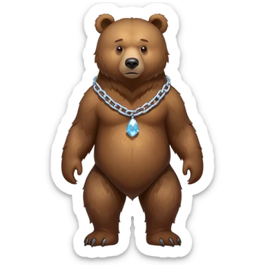 Full-body realistic brown bear on all four legs shown from head to tail, serious expression, complete view of the entire bear with simple ice chain around neck sticker