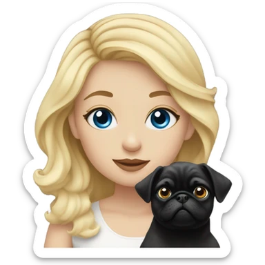 Girl with wavy blonde hair and blue eyes, kissing a black pug sticker