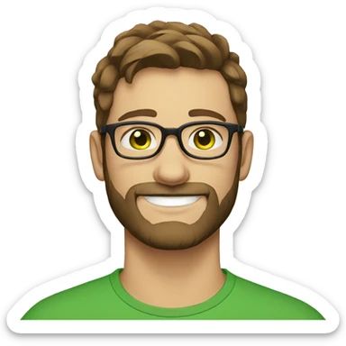 A man in his twenties, brown hair, brown beard, green eyes and wearing glasses, white skin sticker