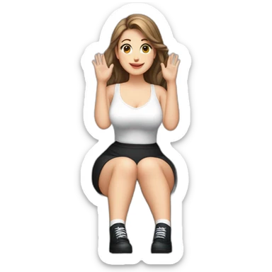 front view full body curvy caucasian beauty sitting straight hands up black skirt white knickers long white socks sticker