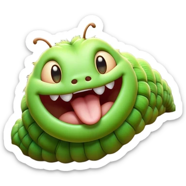 Cinematic Realistic Cute Yawning Caterpillar Portrait Emoji, Head tilted slightly with a dramatic, wide-open yawn, showcasing a soft, downy segmented body in vivid green with subtle drooping and half-closed, drowsy eyes, rendered with intricate natural texture and gentle shadows, high shine, relaxed yet expressive, styled with a dash of woodland charm, soft glowing outline, capturing the essence of a sleepy yet affectionate caterpillar that appears ready to stretch out and rest among the leaves! sticker
