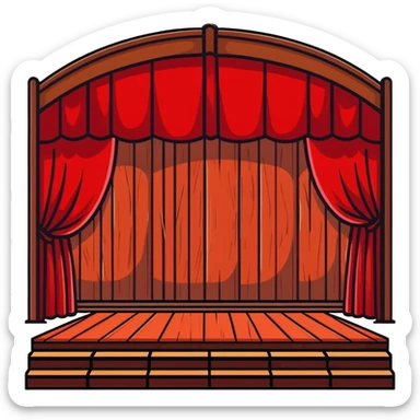 dramatic theater stage with red curtains drawn to sides, wooden planks, and bright spotlight in middle sticker