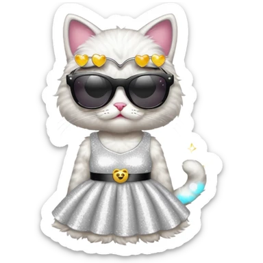 a cat dressed as a glamorous celebrity, wearing sunglasses and a sparkling outfit, emoji style sticker