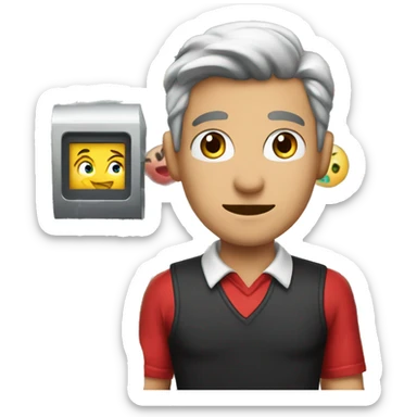 a male cashier in red dress next to chashier machine sticker