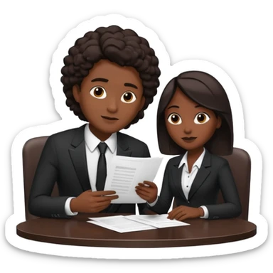 man in formal suit talking to woman in formal suit, they sit, papers in hands on the table sticker