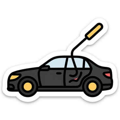 icon of a high-end black car with a subtle rod or hook tool touching a dent, matte black as main color, fine silver lines for contrast, simple style, focus on dent repair sticker