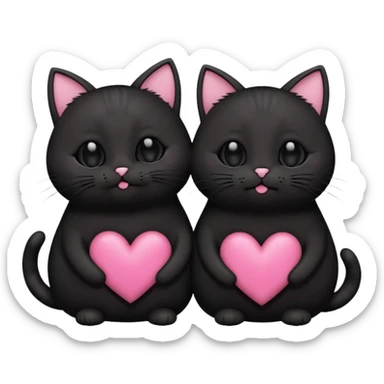 two fat cute black cats love, pink heart, closed mouth, black ears sticker