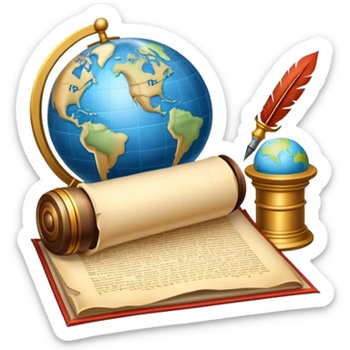 An icon featuring an ancient scroll, a quill pen, and a globe, symbolizing the study of history. The design includes a timeline with significant historical events, with ruins in the background to evoke past civilizations. Transparent background emphasizes the exploration of human history sticker