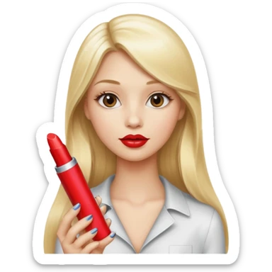 a girl with blonde long hair is holding lipstick on her hand  sticker