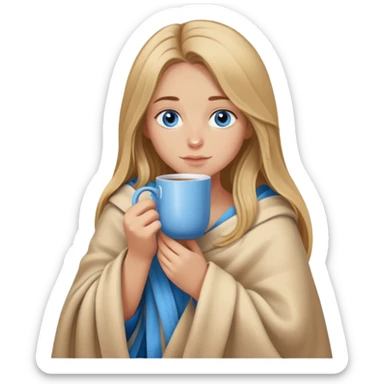 Dark blonde girl with long hair blue eyes snuggled up in a blanket and holding a hot tea in her hands Dark blonde girl with long hair snuggled up in a blanket and holding a hot tea in her hands sticker