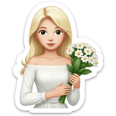 blonde woman in a white off-shoulder dress with long sleeves and a bouquet of white flowers in a white bag in her right hand sticker