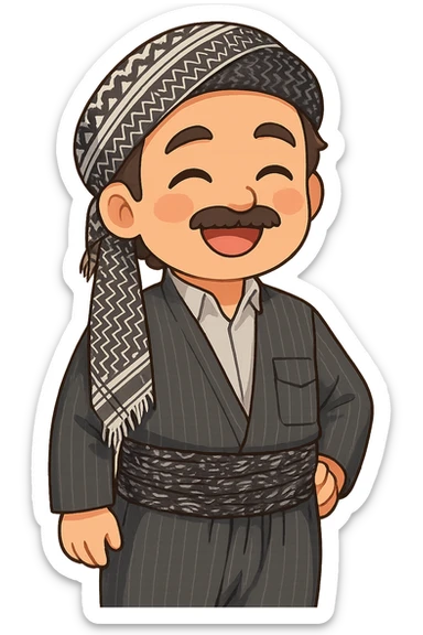 Create a colorful and cheerful cartoon sticker of a Kurdish person wearing traditional clothing exactly like the reference image. The sticker should have no text and be suitable for WhatsApp and Instagram. Use a transparent background. sticker
