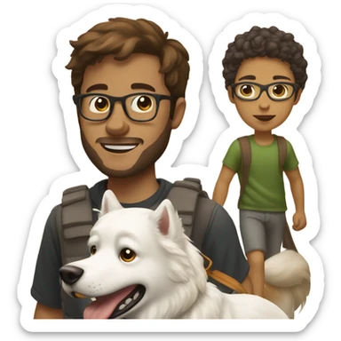 Brown haired man with glasses, walking a white husky and a golden retriever sticker