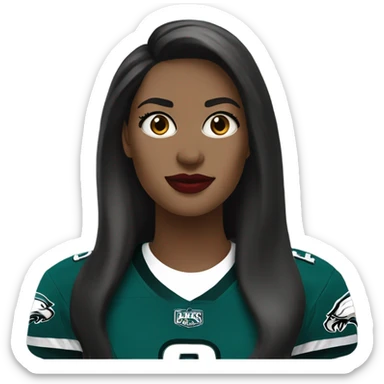White female long dark hair red lips wearing Philadelphia Eagles jersey sticker