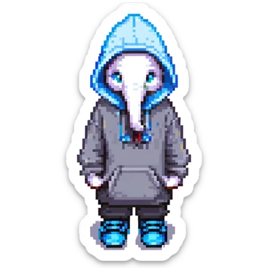 pixel art kid in a hoodie, elephant peeking from hoodie, black shoes, top hat, blue eyes sticker