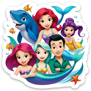Colorful icon for Animated Movies: A vibrant collage featuring iconic characters like Goofy, Mickey Mouse, Ariel the Little Mermaid, Jasmine, Masha and the Bear, and Luntik. Each character should be large and bright, set against a cheerful and playful background. Transparent background. sticker