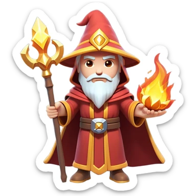 Clash of Clans aesthetic: Cinematic heroic powerful fire Wizard Hero  close up Emoji, rendered in a 3D vector-style similar to standard emojis with minimal shading and bold, simplified shapes. A compact, isometric figure draped in flowing enchanted robes and wielding a mystical staff, softly glowing with an arcane magical charm. Simplified yet unmistakably iconic, highly detailed and consistent, glowing with a soft radiant glow and high shine. Stylized with a touch of whimsical sorcery and a soft glowing outline, capturing the essence of a powerful wizard ready to cast spells with a friendly, playful spirit! sticker